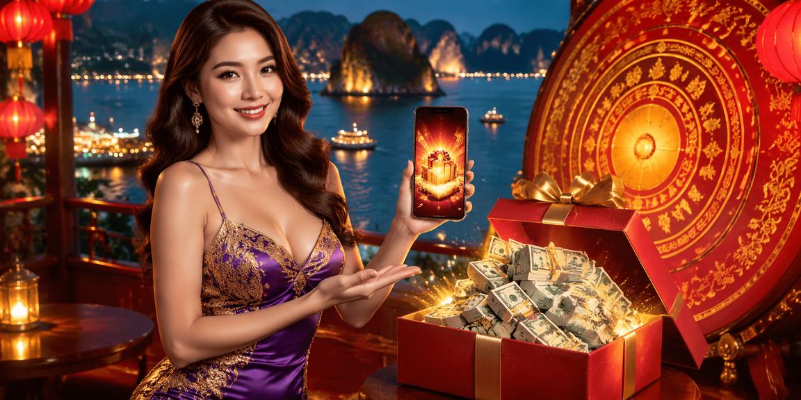 Người chơi sử dụng điện thoại trải nghiệm casino trực tuyến với khung cảnh Vịnh Hạ Long phía sau